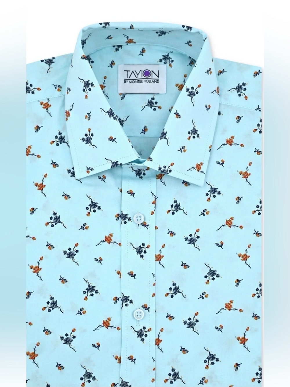 Men’s Tayion Collection Mens Floral Print Dress Shirt Light Blue With Orange